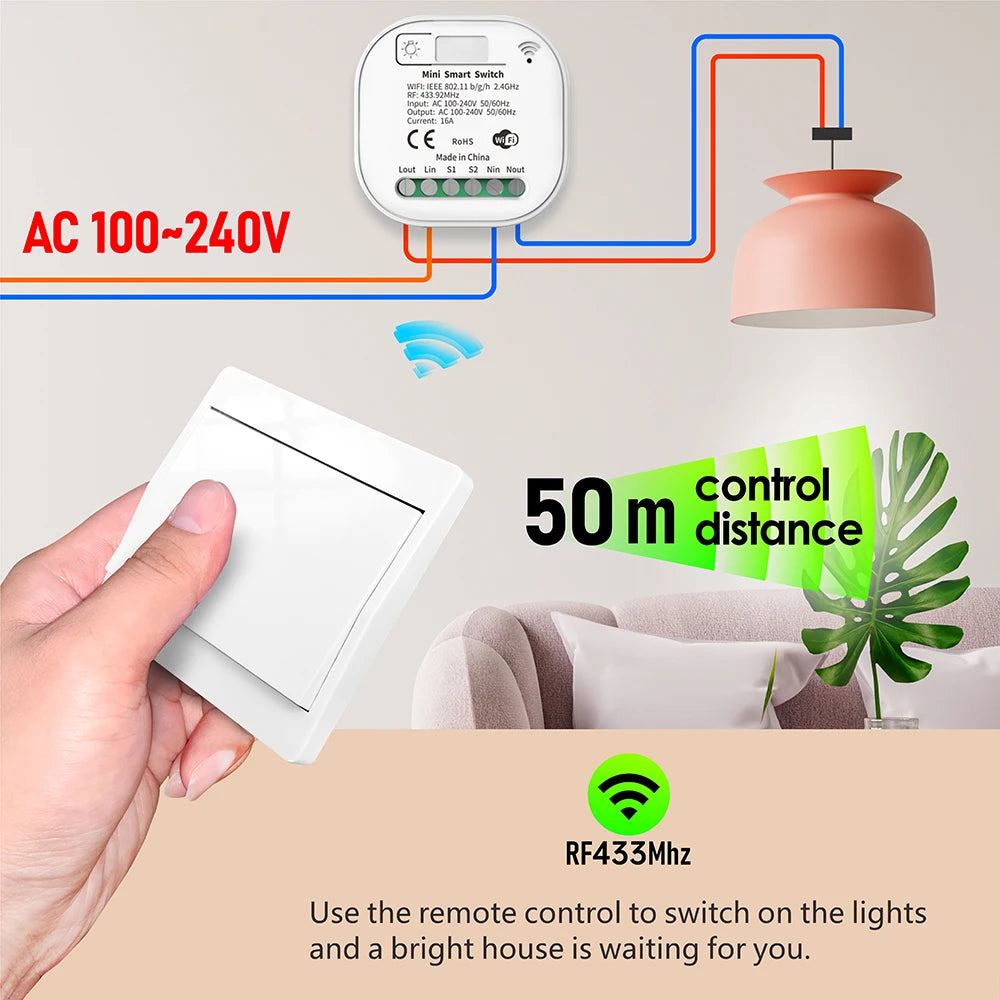 Tuya Smart life WiFi and 433MHz Light Switch,Wall Panel Switch No Need Battery,110V 220V 16A Mini Module, for Alexa Google Home