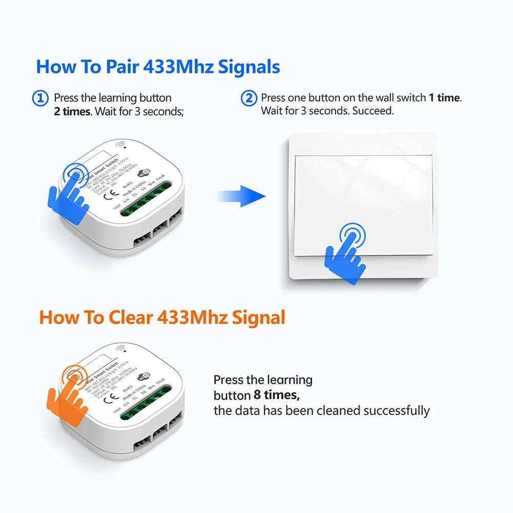 Tuya Smart life WiFi and 433MHz Light Switch,Wall Panel Switch No Need Battery,110V 220V 16A Mini Module, for Alexa Google Home