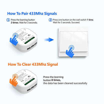 Tuya Smart life WiFi and 433MHz Light Switch,Wall Panel Switch No Need Battery,110V 220V 16A Mini Module, for Alexa Google Home