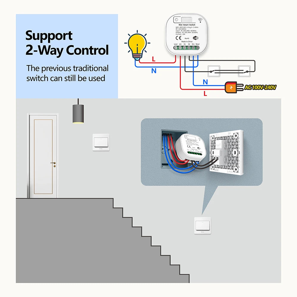 Tuya Smart life WiFi and 433MHz Light Switch,Wall Panel Switch No Need Battery,110V 220V 16A Mini Module, for Alexa Google Home