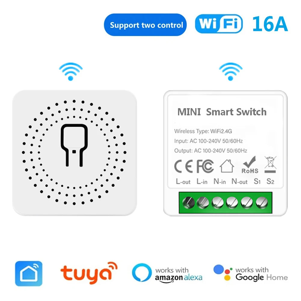16A Tuya WiFi Smart Switch 2-way Control Mini Smart Breaker  Timer Relay Work With Smart Life Alexa Google Home Alice