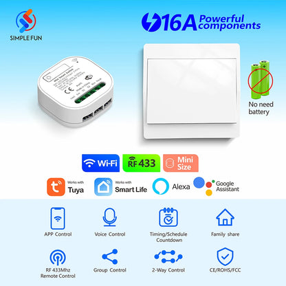 Tuya Smart life WiFi and 433MHz Light Switch,Wall Panel Switch No Need Battery,110V 220V 16A Mini Module, for Alexa Google Home