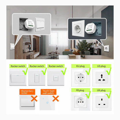 Tuya Smart life WiFi and 433MHz Light Switch,Wall Panel Switch No Need Battery,110V 220V 16A Mini Module, for Alexa Google Home
