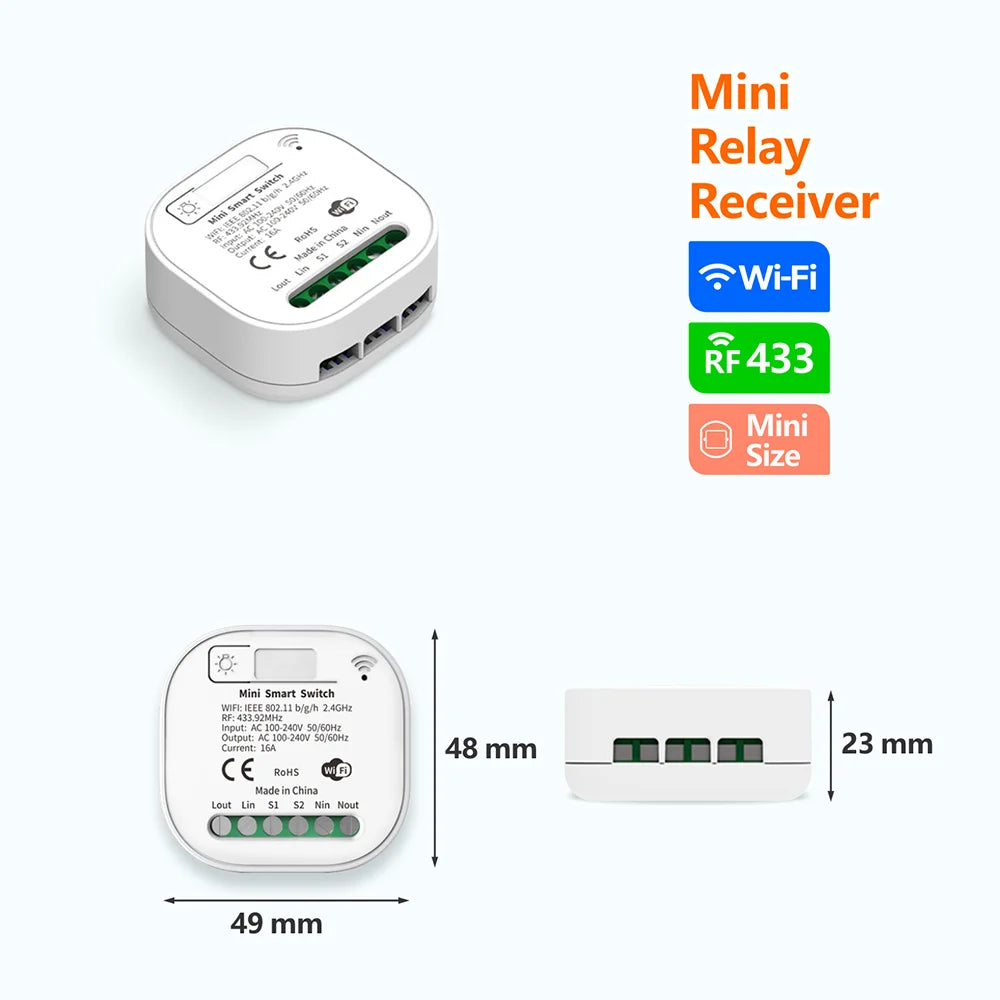 Tuya Smart life WiFi and 433MHz Light Switch,Wall Panel Switch No Need Battery,110V 220V 16A Mini Module, for Alexa Google Home